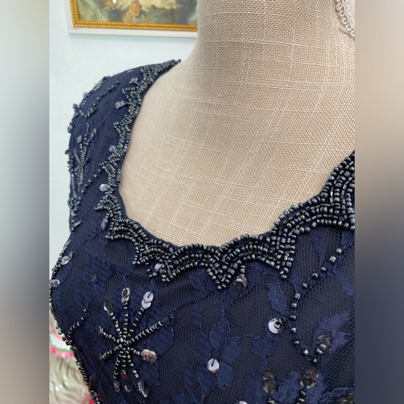 VTG SCALA NAVY BLUE BEADED EVENING GOWN DRIPPY HEM SEQUINED PS PETITE SMALL - Picture 7 of 12
